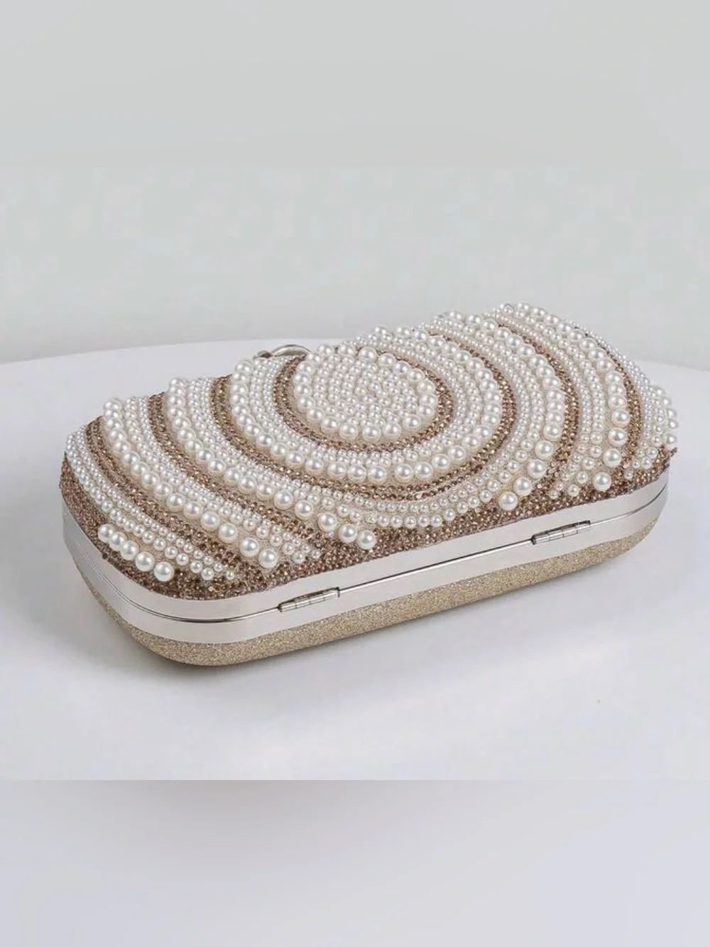 Pearl & Crystal Embellished Clutch - Champagne